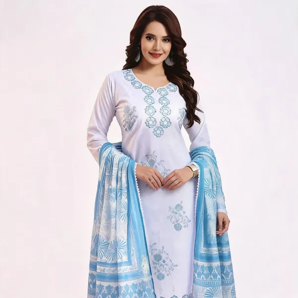 White_Cotton_Embroidered_Printed_Kurta_Set_For_Women