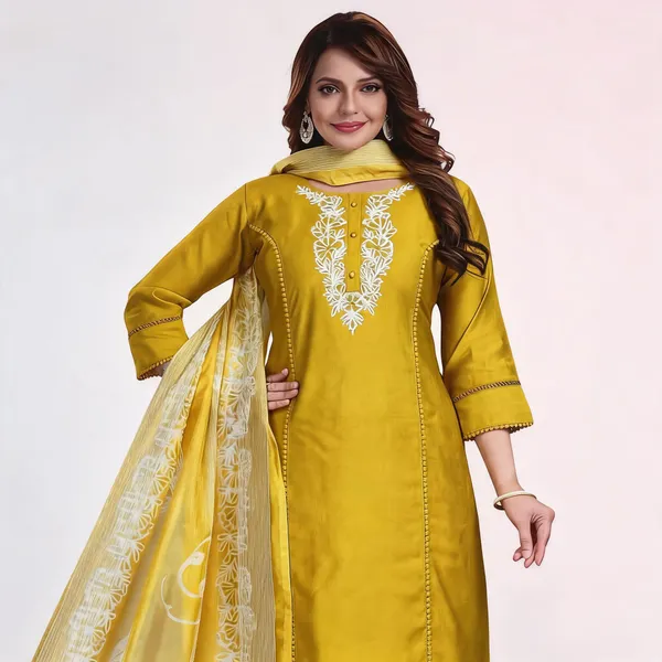 Yellow_Vichitra_Embroidered_Kurta_Set_For_Women