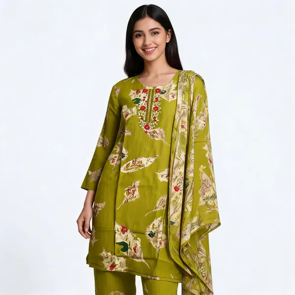 Green_Vichitra_Embroidered_Kurta_Set_For_Women