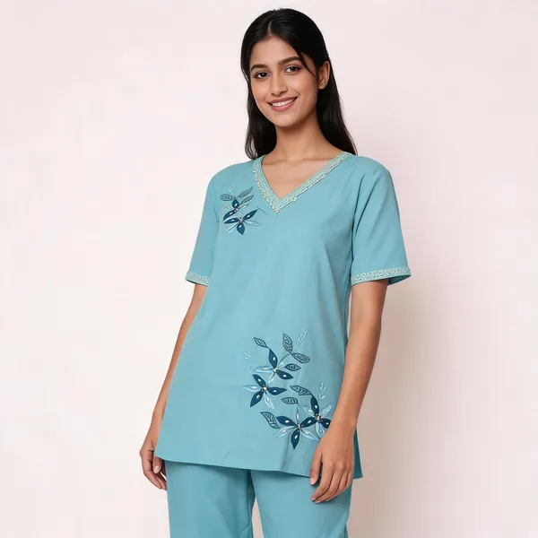 Blue_Satin_V-Neck_Embroidered_Coord_Set_For_Women