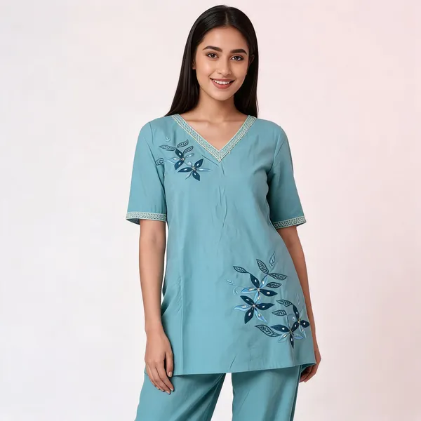 Blue_Satin_V-Neck_Embroidered_Coord_Set_For_Women
