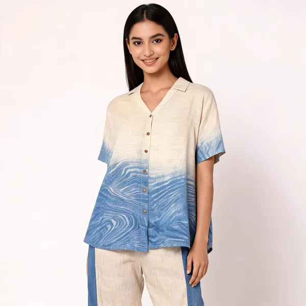 Blue_Khadi_Cotton_V-Neck_Embroidered_Coord_Set_For_Women