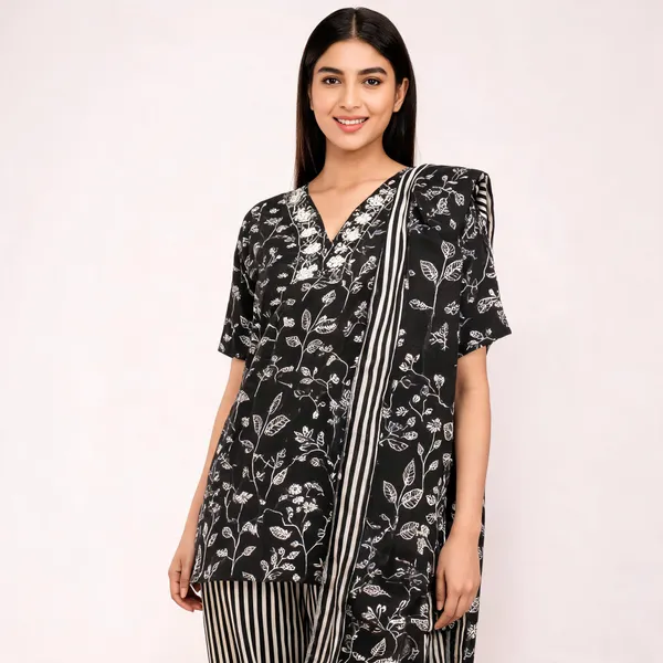 Black_White_Cotton_Printed_Kurta_Set_For_Women