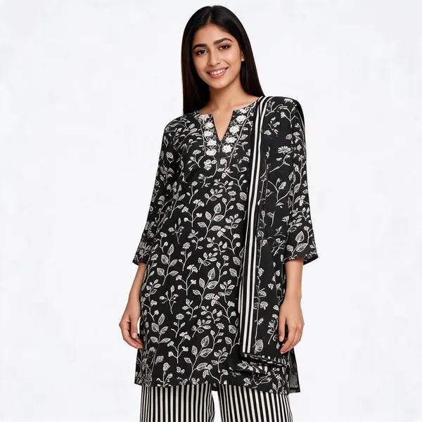 Black_White_Cotton_Printed_Kurta_Set_For_Women