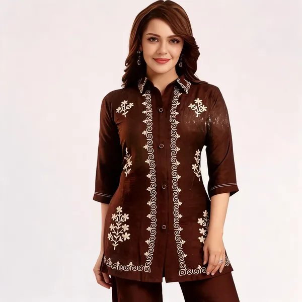 Brown_Satin_Embroidered_Coord_Set_For_Women