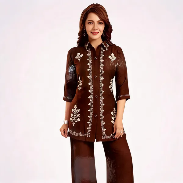 Brown_Satin_Embroidered_Coord_Set_For_Women