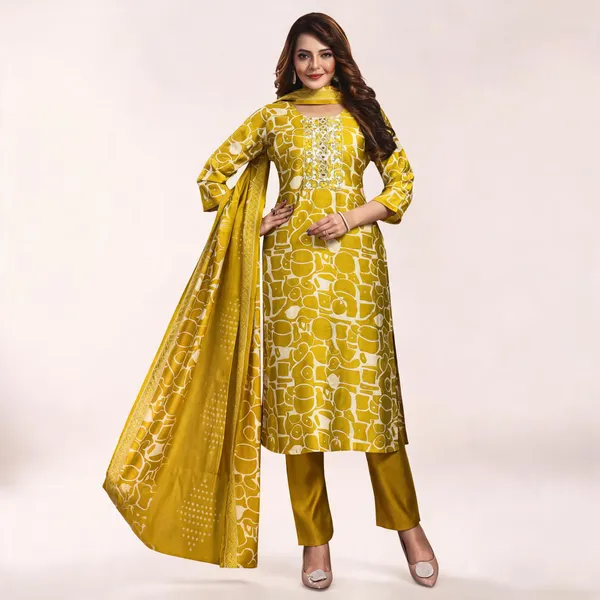 Yellow_Green_Satin_Printed_Neck_Work_Kurta_Set_For_Women