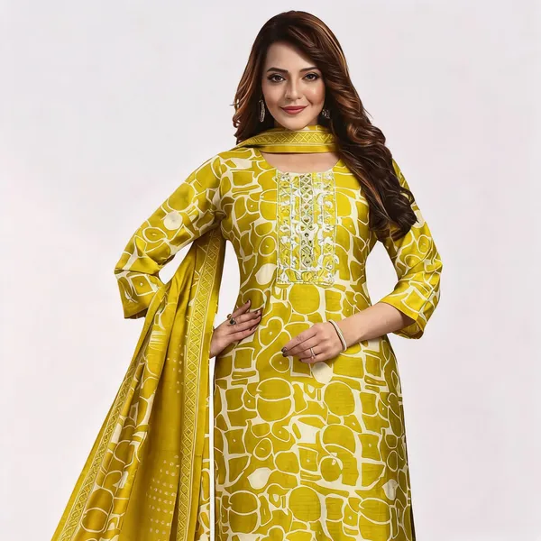 Yellow_Green_Satin_Printed_Neck_Work_Kurta_Set_For_Women