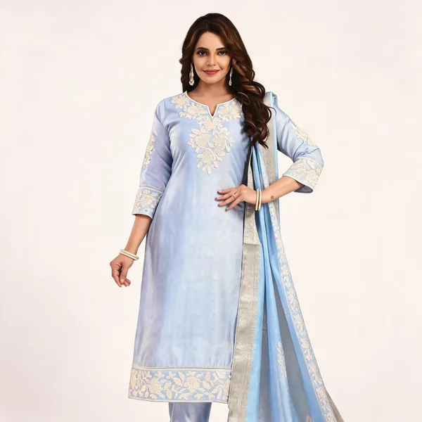 Blue_Satin_Embroidered_Kurta_With_Pant_And_Dupatta_For_Women