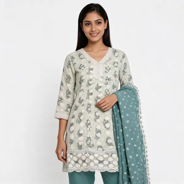 Lavender_Cotton_Lucknowi_Embroidered_Kurta_With_Pant_Dupatta_For_Women