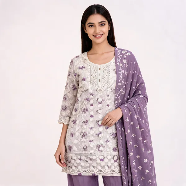 Lavender_Cotton_Lucknowi_Embroidered_Kurta_With_Pant_Dupatta_For_Women