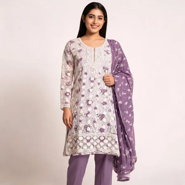 Lavender_Cotton_Lucknowi_Embroidered_Kurta_With_Pant_Dupatta_For_Women