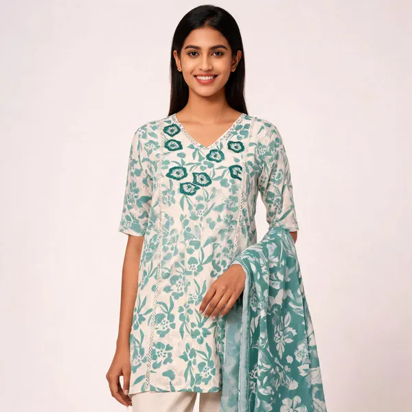 Cream_Muslin_Neck_Embroidered_Kurta_With_Pant_Dupatta_For_Women