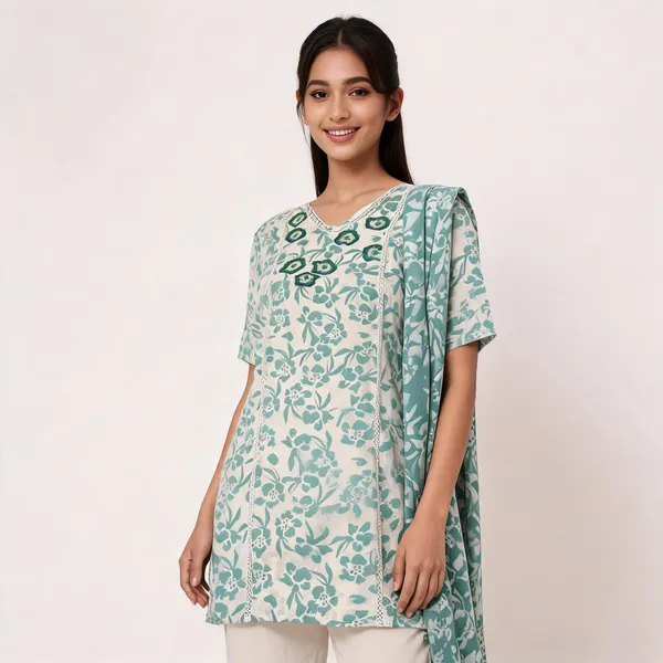 Cream_Muslin_Neck_Embroidered_Kurta_With_Pant_Dupatta_For_Women
