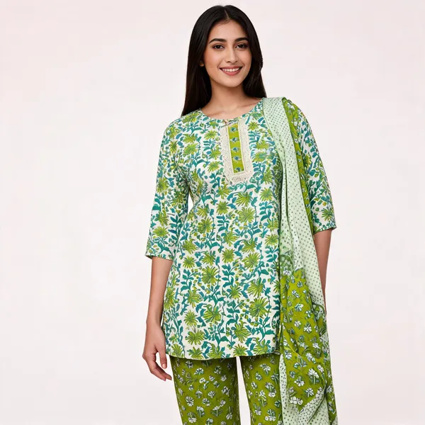 White_Green_Cotton_Printed_Kurta_With_Pant_Dupatta_For_Women