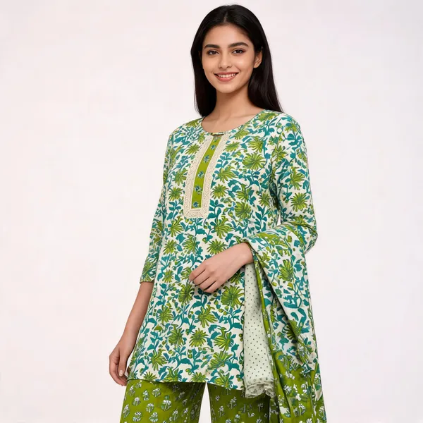 White_Green_Cotton_Printed_Kurta_With_Pant_Dupatta_For_Women