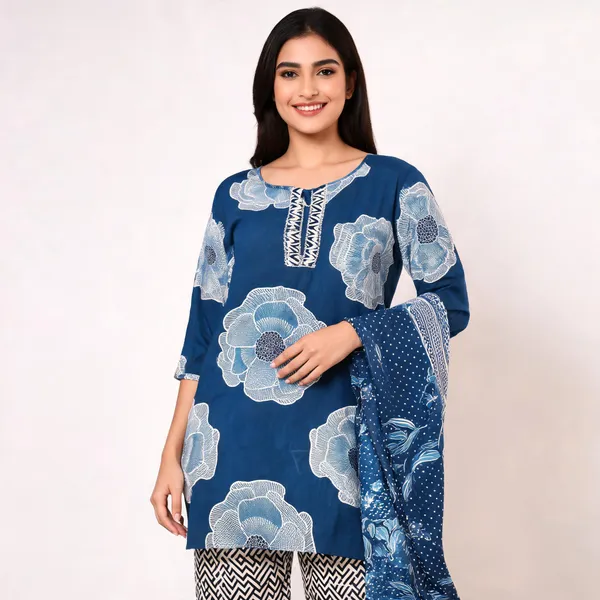 Blue_Cotton_Printed_Top_Pant_And_Dupatta_For_Women