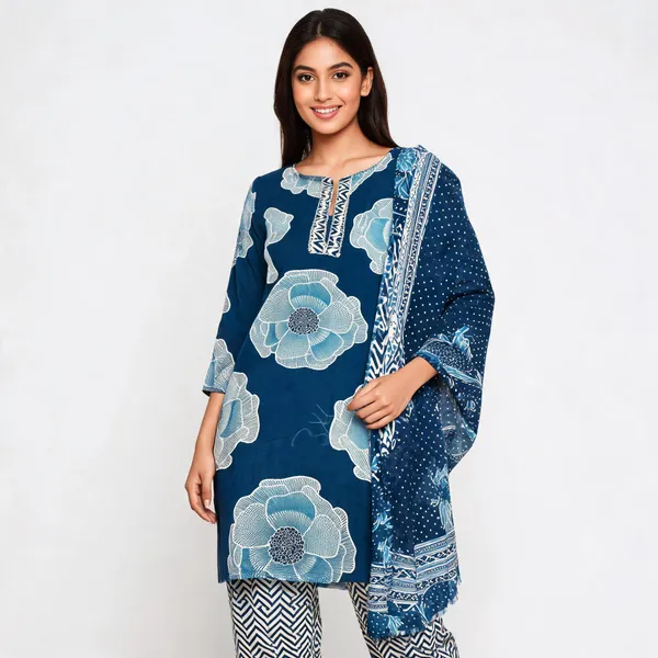 Blue_Cotton_Printed_Top_Pant_And_Dupatta_For_Women