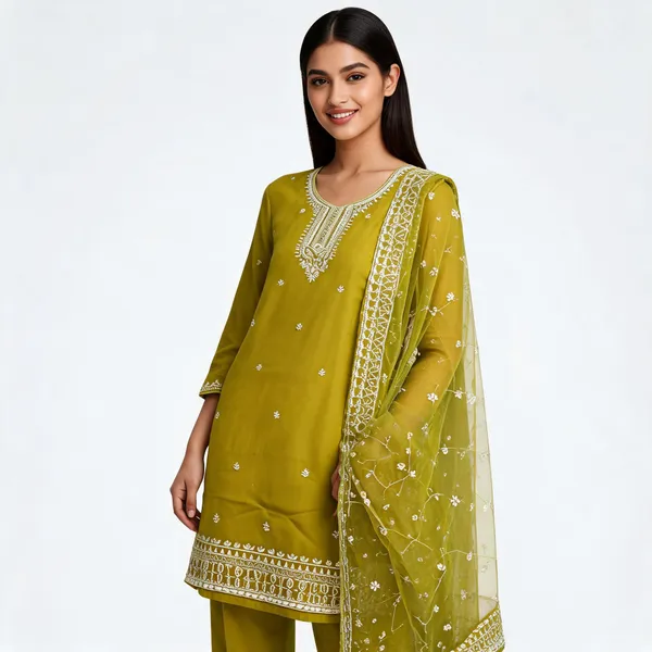 Green_Muslin_Neck_Work_Top_Pant_And_Organza_Dupatta_For_Women