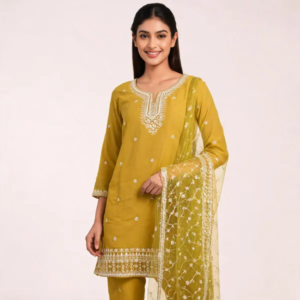 Green_Muslin_Neck_Work_Top_Pant_And_Organza_Dupatta_For_Women
