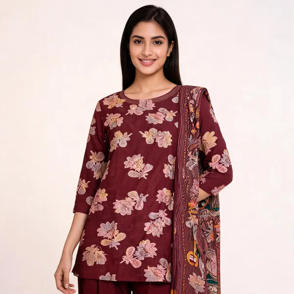 Wine_Muslin_Printed_Neck_Embroidered_Top_Pant_And_Dupatta_For_Women