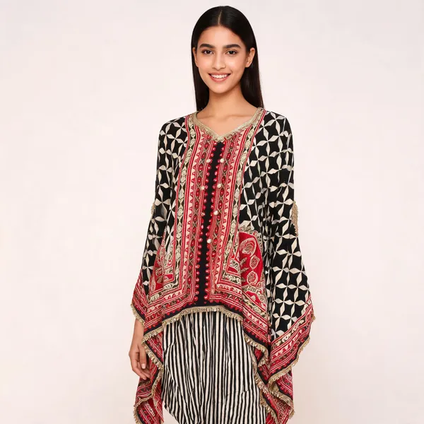 Black_Printed_Crepe_Kaftan_Dhoti_Cordset_For_Women