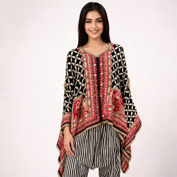 Black_Printed_Crepe_Kaftan_Dhoti_Cordset_For_Women