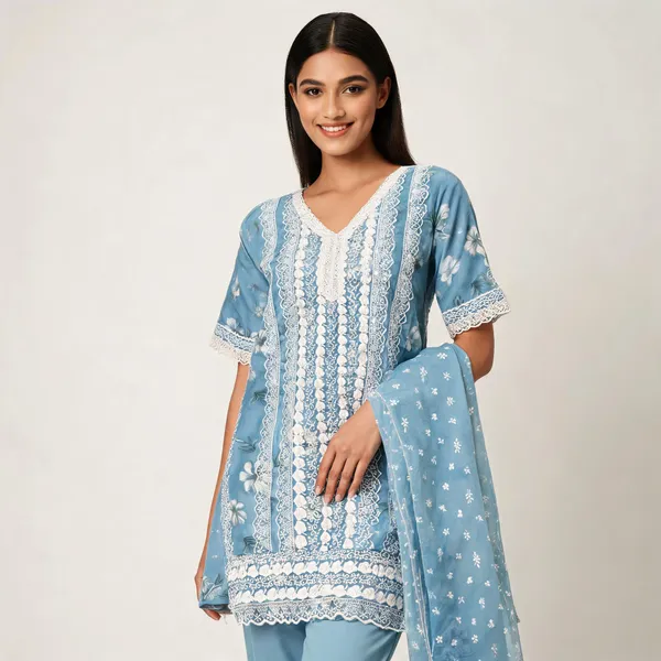 Blue_Cotton_Lucknowi_Embroidered_Top_Pant_Dupatta_Set_For_Women