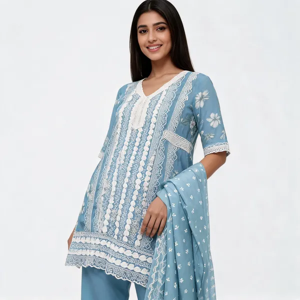 Blue_Cotton_Lucknowi_Embroidered_Top_Pant_Dupatta_Set_For_Women