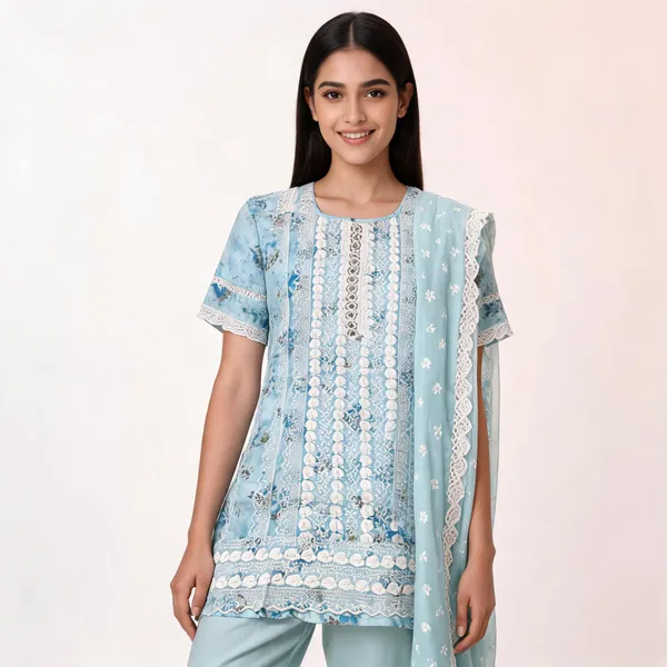 Blue_Cotton_Lucknowi_Embroidered_Top_Pant_Dupatta_Set_For_Women
