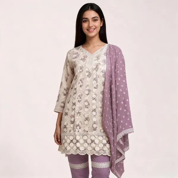 Cream_Lavender_Cotton_Lucknowi_Embroidered_Top_Pant_Dupatta_Set_For_Women