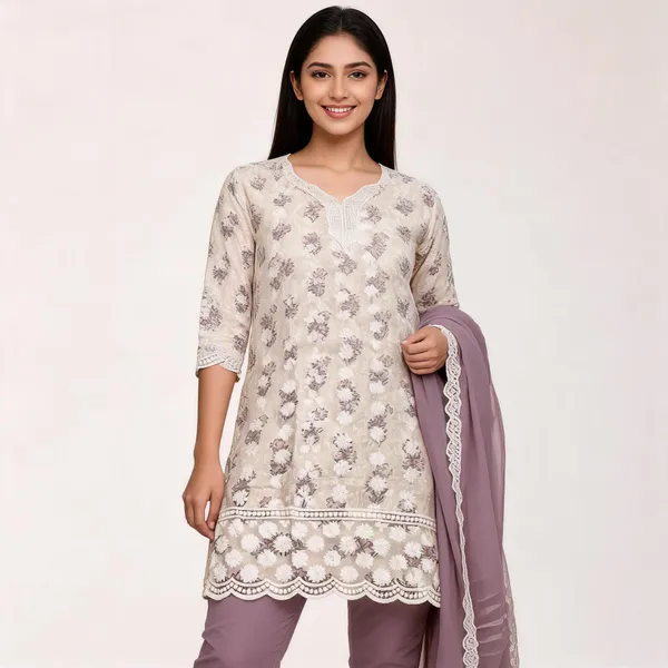 Cream_Lavender_Cotton_Lucknowi_Embroidered_Top_Pant_Dupatta_Set_For_Women