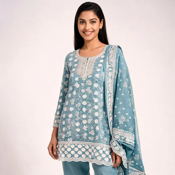 Blue_Cotton_Lucknowi_Embroidered_Top_Pant_Dupatta_Set_For_Women