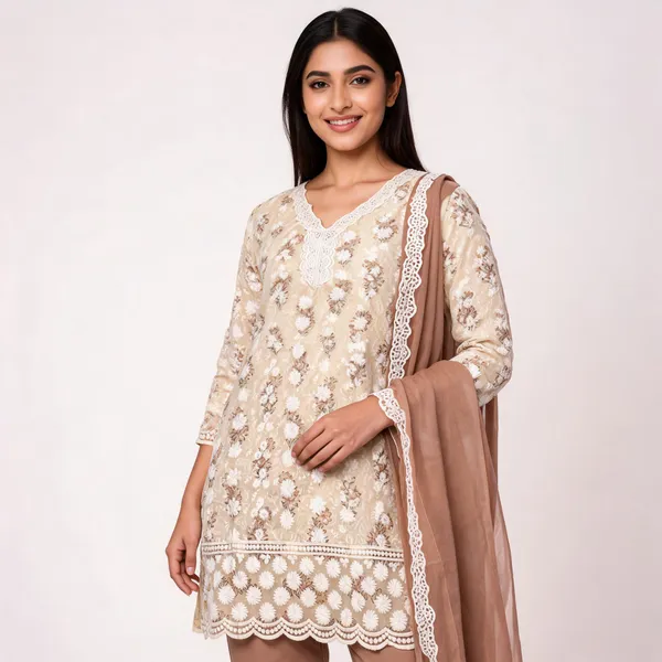 Cream_Cotton_Lucknowi_Embroidered_Top_Pant_Dupatta_Set_For_Women