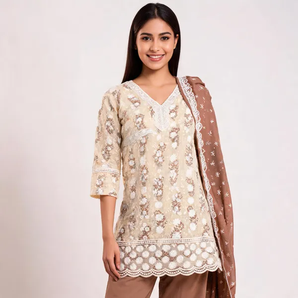 Cream_Cotton_Lucknowi_Embroidered_Top_Pant_Dupatta_Set_For_Women