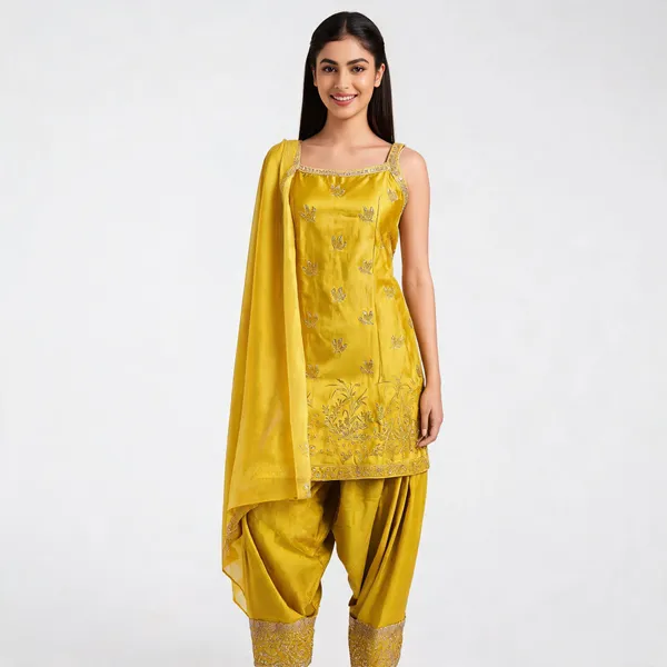 Yellow_Satin_Spaghetti_Neck_Farshi_Top_Pant_Dupatta_Set_For_Women