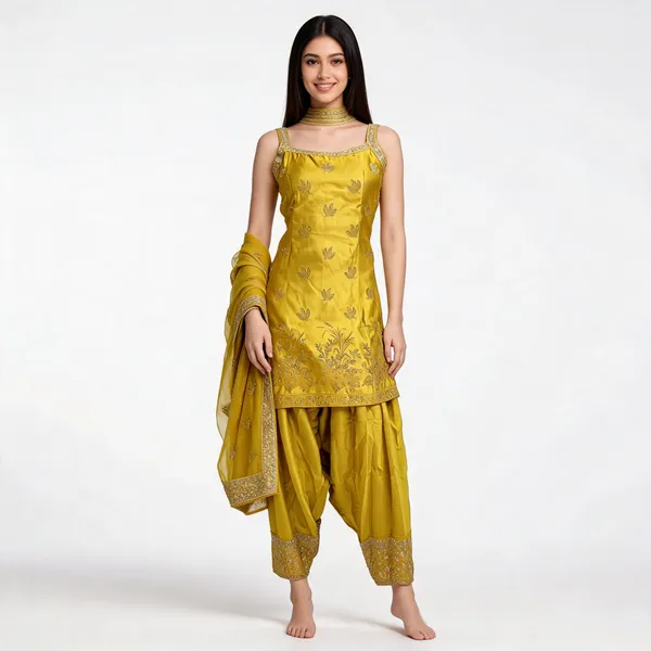 Yellow_Satin_Spaghetti_Neck_Farshi_Top_Pant_Dupatta_Set_For_Women