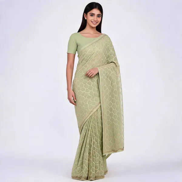 Pista_Chiffon_Saree_With_Blouse_Piece_For_women
