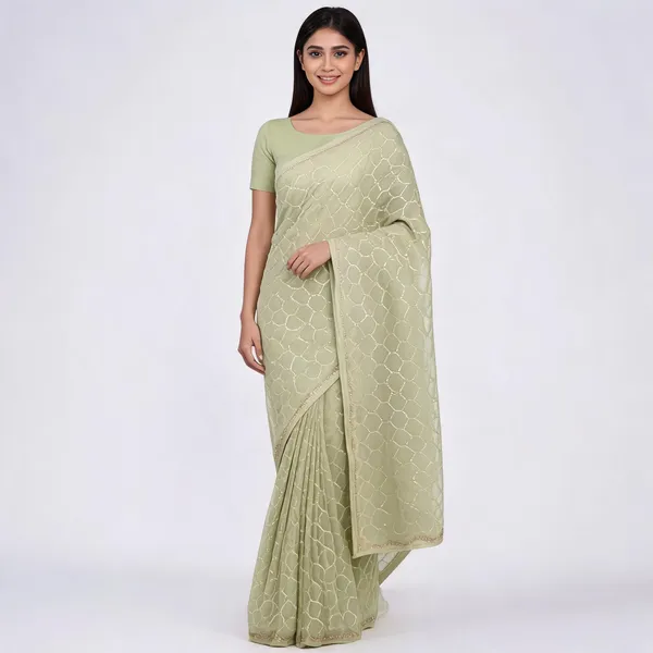 Pista_Chiffon_Saree_With_Blouse_Piece_For_women