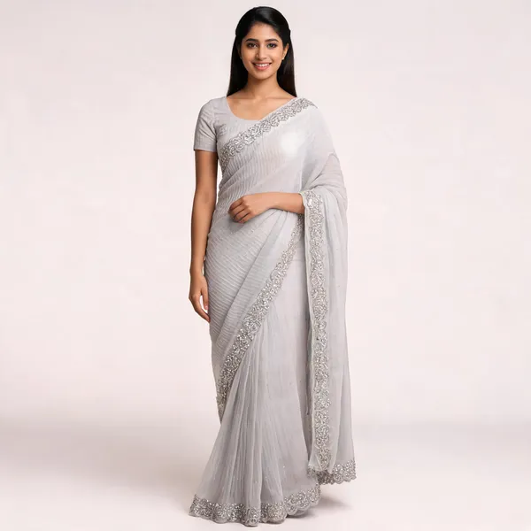 Silver_Georgette_Saree_With_Blouse_Piece_For_women