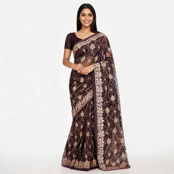 Brown_Tissue_Net_Saree_With_Blouse_Piece_For_women