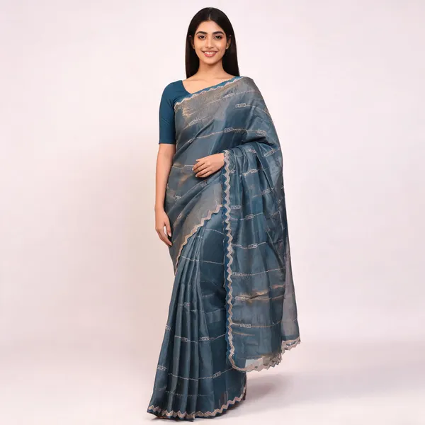 Blue_Satin_Saree_With_Blouse_Piece_For_women