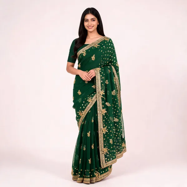 Green_Georgette_Saree_With_Blouse_Piece_For_women