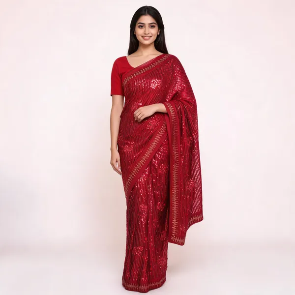 Red_Georgette_Saree_With_Blouse_Piece_For_women