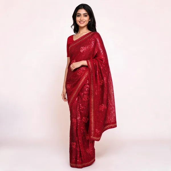 Red_Georgette_Saree_With_Blouse_Piece_For_women