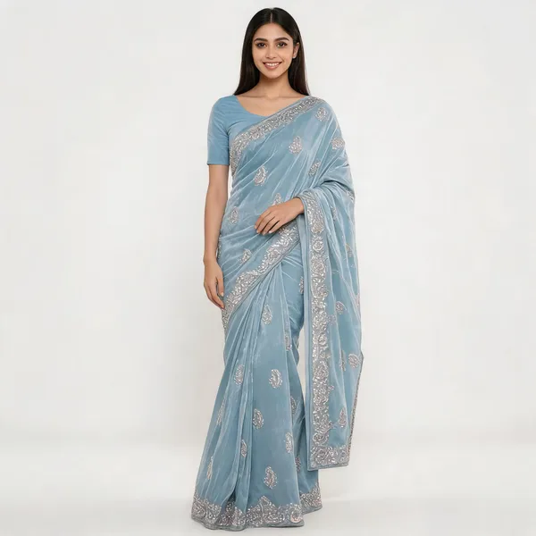 Sky_Blue_Satin_Saree_With_Blouse_Piece_For_women