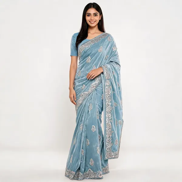 Sky_Blue_Satin_Saree_With_Blouse_Piece_For_women