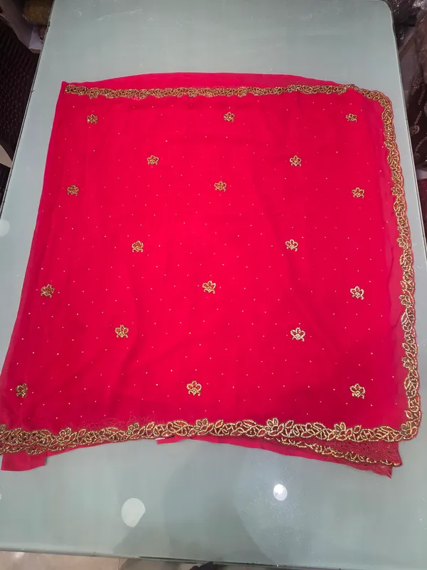 red_colour_plain_saree_with_heavy_border_work_full_stone