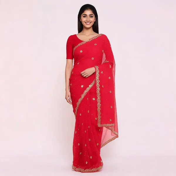 Red_Georgette_Saree_With_Blouse_Piece_For_women