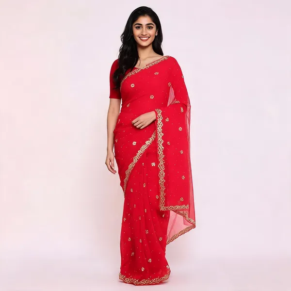 Red_Georgette_Saree_With_Blouse_Piece_For_women